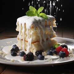 Sweet delicious piece of three milk cake with fresh berries on a plate