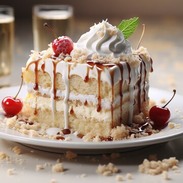 Sweet delicious piece of three milk cake with fresh berries on a plate