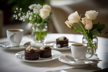 Obraz na płótnie Canvas A serene coffee setting with flowers, cakes, and chocolates. Generative AI