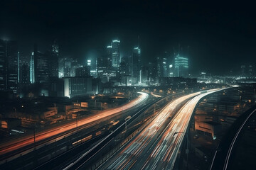 Fototapeta na wymiar Futuristic city with light trails of traffic at night generative ai