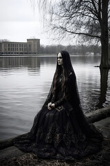 Beautiful girl in black dress sitting near the lake river. Gothic image, dark academy. Mysticism and mourning. - 667097038