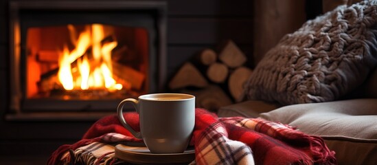 Mug of hot tea in cozy living room with fireplace on a chair with blanket - obrazy, fototapety, plakaty