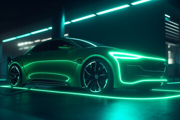 Futuristic electric car at green charging spot at night generative ai