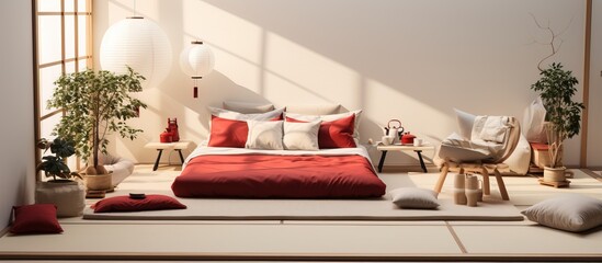 Minimalist illustration of a white and red Japandi bedroom with a double bed tatami mats armchairs and a meditation zen space - obrazy, fototapety, plakaty