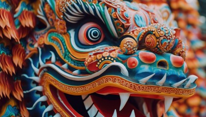 lion dance  performing on a traditional chinese. happy new year's