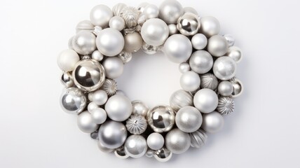 Silver Shimmering Christmas Wreath: Top View of Stunning Silver Ball Decorations on White Background