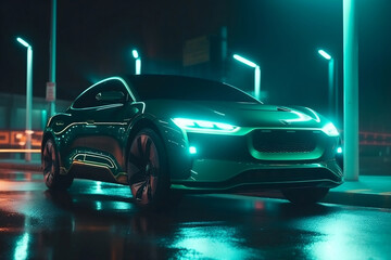 Fototapeta na wymiar Futuristic electric car at green charging spot at night generative ai