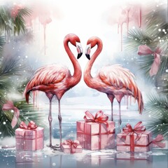 Tropical Christmas Flamingos with Palm Gift Boxes and Watercolor Border for Festive Winter Decor