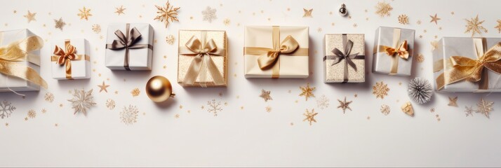 Top View of Festive Christmas Gifts and Decorations on a White Background
