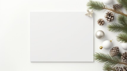 Fototapeta na wymiar Vintage Christmas Card Mockup with White Tree, Fir Branch and Ribbon Flatlay on White Wood Background