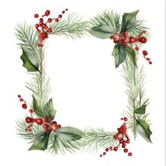 Watercolor Winter Wonderland: A Rectangle Christmas Wreath with Hand-Painted Pine Tree Branches, Mistletoe Leaves, and Red Berries, Perfect for Holiday Cards and Frames