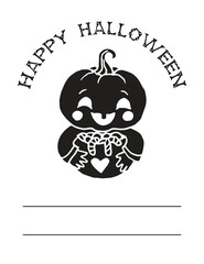 Jack-O-Lantern baby black pumpkin head with candy on white background for Halloween card
