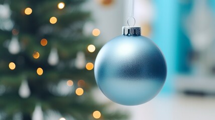 Shimmering Winter Wonder: Ornate Blue Bauble Adorns Silver Artificial Christmas Tree DÃ©cor for Festive Holiday Background