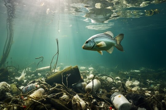 Underwater scene depicting fish affected by both pollution and debris