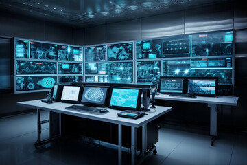 Futuristic laboratory room with several screens and hitech devices generative ai