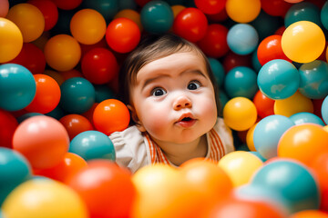 Fototapeta na wymiar Baby in Ball Pit Gazing at Lens