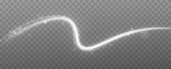 A transparent light effect with a curved and wavy surface. White sparkles sparkle with their light effect. Bright white lines. Abstract lines of movement. Light trace wave. © blagorodez