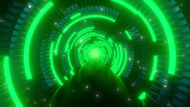 Abstract background of running in a dark tunnel with green neon lights on the ceiling