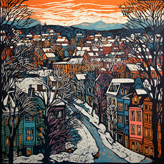 Obraz premium Lino cut of colourful fine art city view in winter - generative AI