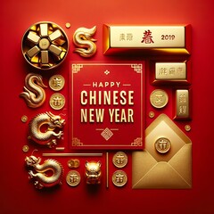 Luxurious Chinese New Year: Gold Elements on Red Background

