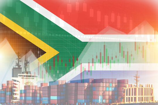 South Africa flag with containers in ship. trade graph concept illustrate poster design