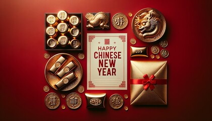 Luxurious Chinese New Year: Gold Elements on Red Background

