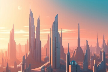 Fototapeta premium Futuristic megapolis with high towers and skyscrapers at sunset light generative ai