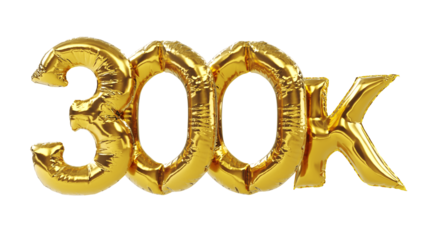 3D render of 300k or three hundred thousand golden numbers isolated on white background, 300k followers celebration.
