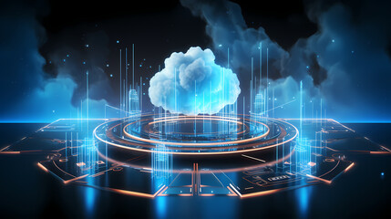 A vibrant display of digital informational technology, showcasing a futuristic web hologram intertwined with a dynamically illustrated cloud, embodying a seamless blend of virtual and cloud computing - obrazy, fototapety, plakaty