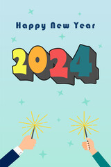 Happy new year 2024 with full color design template. Hand holding firework. Vertical design.