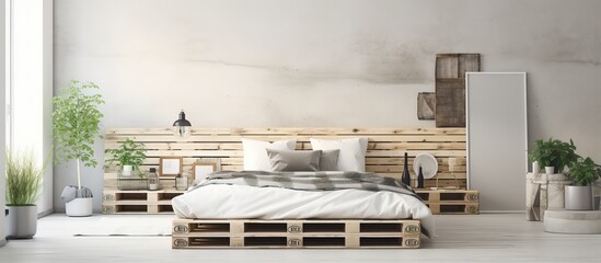 Upcycled pallet bed in contemporary room - obrazy, fototapety, plakaty