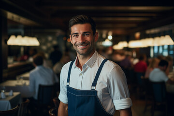 portrait of smiling waiter server in restaurant wearing white shirt and blue apron