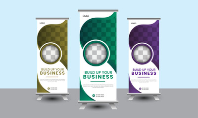 Modern business roll up banner bundle template with different colors. Abstract modern roll up background. Presentation concept.