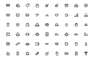 shopping web icons in line style. Mobile Shop, Digital Marketing, Bank Card, Gifts Vector illustration.