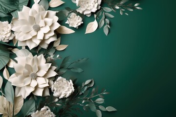 white empty card on a green background with white flowers, poster - obrazy, fototapety, plakaty