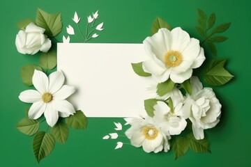 white empty card on a green background with white flowers, poster