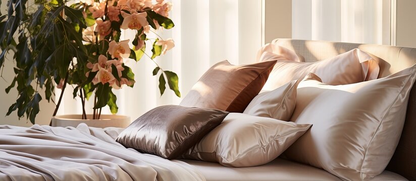 Luxurious pillows shams and duvets in a bedroom setup