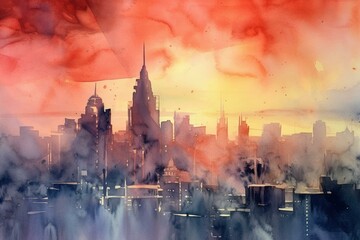 Watercolor painting of a skyline with a skyscraper. Generative AI