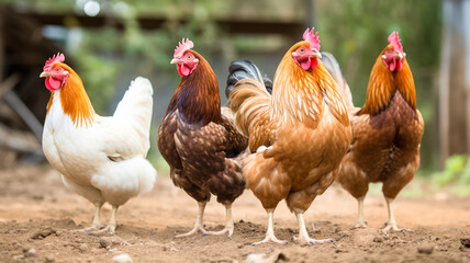 Fototapeta premium Beautiful cock and his chicken breed standing on the grass in the garden. 