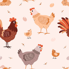 Chickens, roosters and eggs seamless pattern.