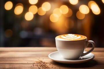 Latte on wood table with bokeh background. High resolution, 8k quality. Generative AI
