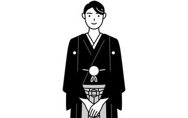 Man wearing Hakama with crest bowing with folded hands.