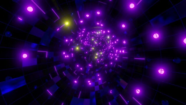 3d illustration of running in rotating round tunnel with purple, blue and yellow glowing neon lights