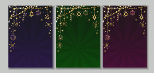 Set of luxury holiday backgrounds with golden chains, stars, snowflakes. Festive garland made of jewelry gold chains. Shiny snowflakes, stars, sparks on vintage backdrop with beams. Not AI - obrazy, fototapety, plakaty