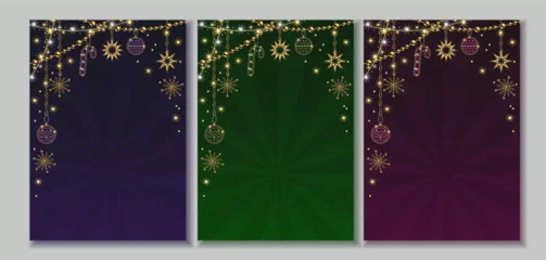 Foto op Plexiglas Set of luxury holiday backgrounds with golden chains, stars, snowflakes. Festive garland made of jewelry gold chains. Shiny snowflakes, stars, sparks on vintage backdrop with beams. Not AI © OA_Creation