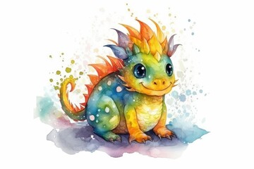 Watercolor colorful cute baby dragon on white background Illustration. Chinese Year of dragon