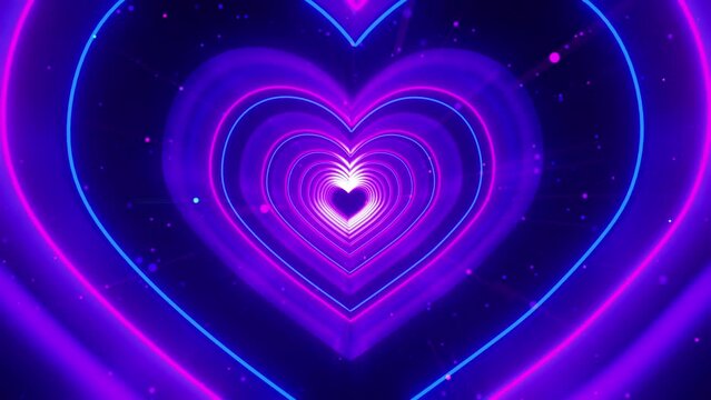 3d illustration of running in a heart shape tunnel with blue and purple glowing neon lights