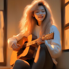 Beautiful asian women sitting on a window sill playing a guitar, morning golden hour, Oil painting. ai generative - obrazy, fototapety, plakaty