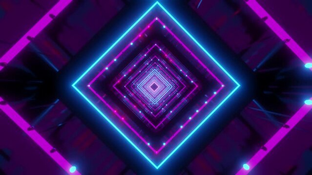 Abstract background of a dark square shape tunnel glowing with blue, purple and red neon lights
