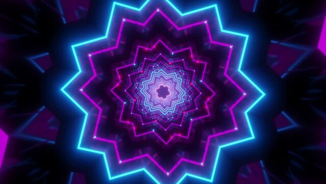 Abstract background of a kaleidoscopic tunnel glowing with vibrant blue, purple and red neon lights